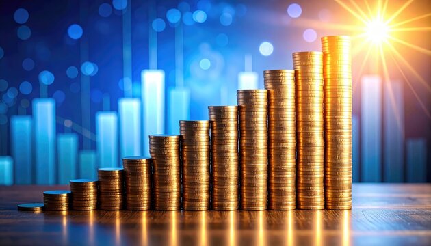 The image captures the concept of financial growth and prosperity, with stacked coins representing increasing wealth. The upward trend signifies positive economic progress.