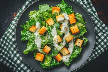 Overhead view of caesar salad with creamy dressing and croutons on dark plate