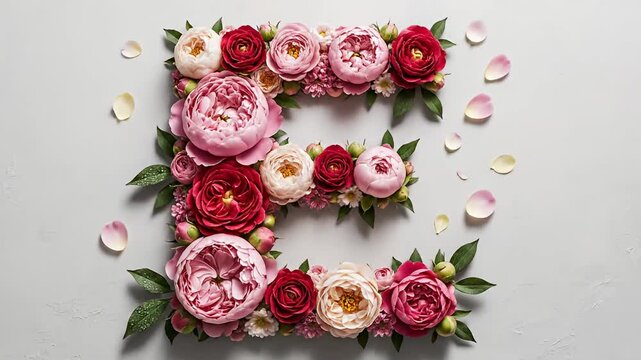 A beautiful letter E made of pink and red roses, perfect for romantic and elegant designs.