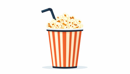 A classic paper cinema box of buttery popcorn and a refreshing soda drink are isolated against a white background for a movie night snack