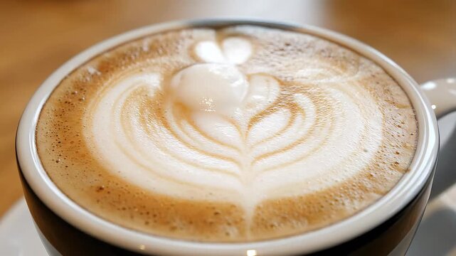 CloseUp of Latte Art in a Coffee Cup Aromatic Coffee with Creamy Heart Design Perfect for a Cozy Morning or Cafe Scene Showcasing Barista Skills and Coffee Culture. - Powered by Adobe