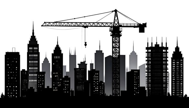 Cityscape Silhouette with Crane - Urban Development and Construction. - Powered by Adobe