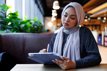 Woman in hijab works on tablet in cafe.