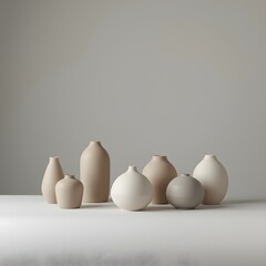 Minimal ceramic vase arrangement in soft neutral tones placed on a clean surface with gentle lighting, showcasing modern interior decor and refined contemporary design aesthetics