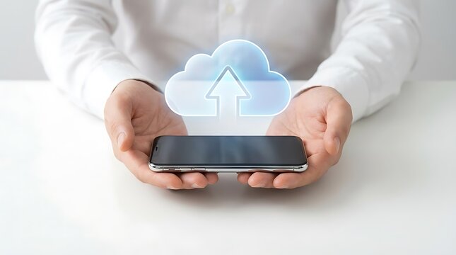 A pair of hands holds a smartphone above which a glowing, three-dimensional cloud symbol with an upward arrow is projected, representing cloud storage, data backup, and seamless mobile synchronization