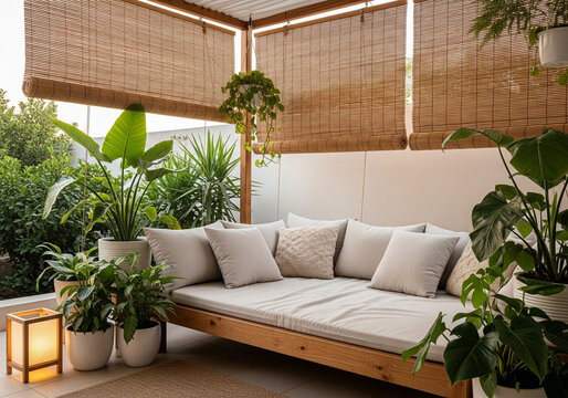 Peaceful Outdoor Patio with Comfortable Daybed, Abundant Greenery, and Bamboo Blinds for a Serene Retreat