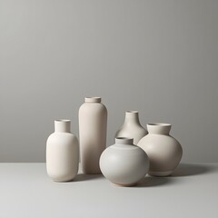 Minimal ceramic vase arrangement in soft neutral tones placed on a clean surface with gentle lighting, showcasing modern interior decor and refined contemporary design aesthetics
