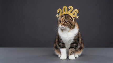 Studio Portrait Adorable Scottish Fold Cat Celebrating New Year 2026 with Headband