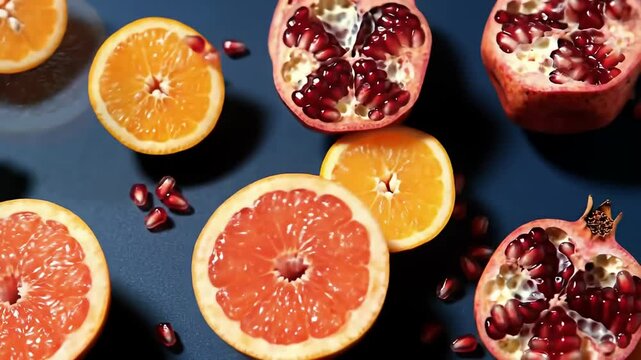 A vibrant assortment of sliced grapefruits, oranges, and pomegranates on a dark blue surface, showcasing their juicy textures and rich colors.