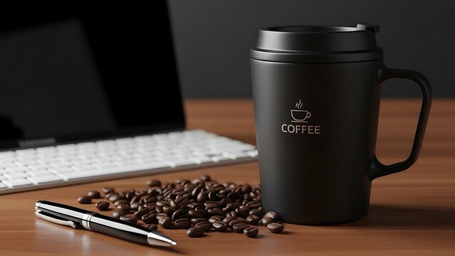 A black travel coffee mug with COFFEE and a steaming cup graphic next to a laptop, coffee beans, and a pen on a wooden desk.