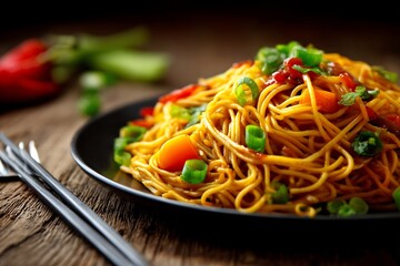 Delicious asian stir fry noodles with fresh vegetables and scallions