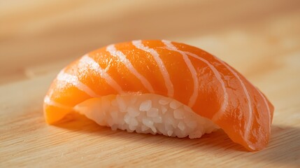 Fresh handcrafted salmon nigiri sushi presented on a clean wooden surface with soft lighting, showcasing premium fish texture and minimalist Japanese cuisine aesthetic