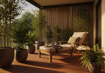 Fototapeta premium Modern Outdoor Terrace with Lounge Chair and Lush Potted Plants for Relaxation and Serenity