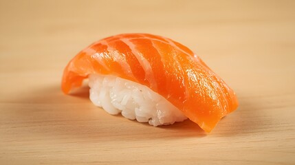 Fresh handcrafted salmon nigiri sushi presented on a clean wooden surface with soft lighting, showcasing premium fish texture and minimalist Japanese cuisine aesthetic