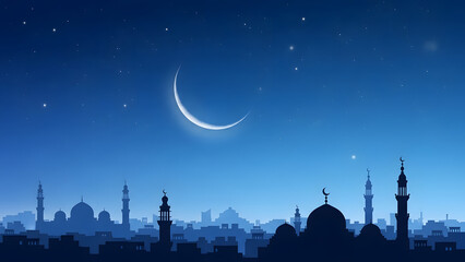Crescent Moon over Islamic City Skyline at Night