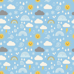 Sunny weather pattern with clouds sun rain seamless design in blue yellow white for cheerful meteorological children fabric textile design