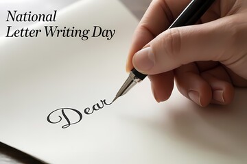 Illustration of hand writing dear with a fountain pen on paper celebrating national letter writing day