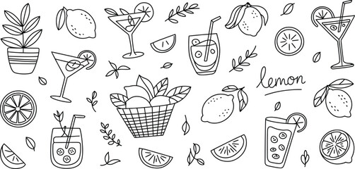 Hand Drawn Lemon Elements and Drinks Collection Keywords: lemon, lemons, fruit, citrus, drink