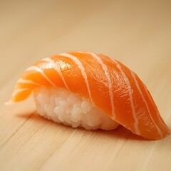 Fresh handcrafted salmon nigiri sushi presented on a clean wooden surface with soft lighting, showcasing premium fish texture and minimalist Japanese cuisine aesthetic