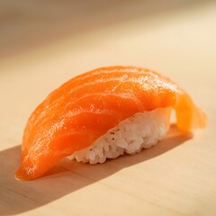 Fresh handcrafted salmon nigiri sushi presented on a clean wooden surface with soft lighting, showcasing premium fish texture and minimalist Japanese cuisine aesthetic