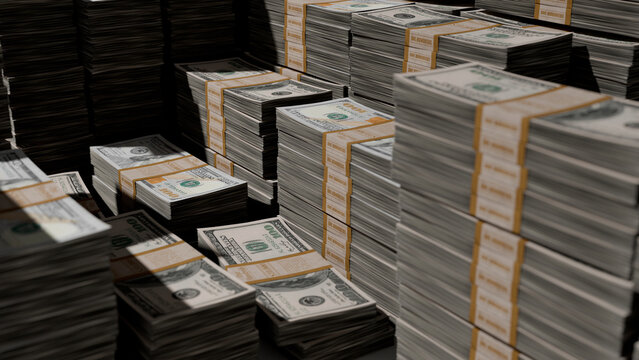 Stacks of one hundred dollar bills in bundles of 10,000. 3D rendering in high resolution 8K.