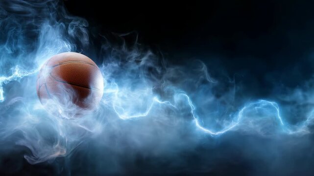 Electric basketball surrounded by blue smoke and lightning energy with dynamic motion sport intensity and electrified ball creating dramatic motion