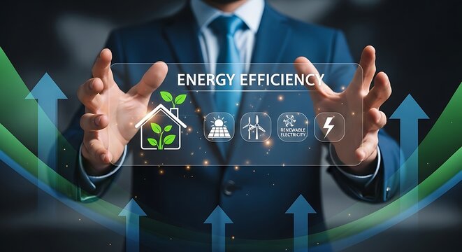 Businessman presenting a futuristic hologram with energy efficiency and renewable solutions.