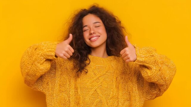 Young woman in chunky yellow sweater smiling with eyes closed and giving two thumbs up, cheerful portrait with vibrant background expressing joy