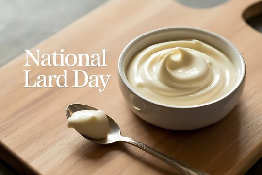 Illustration of a small white bowl of creamy lard next to a spoon on a wooden cutting board for national lard day