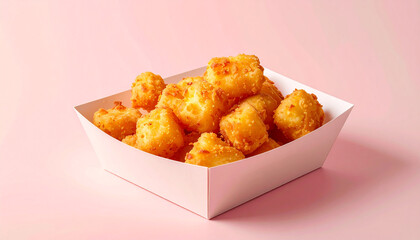A serving of golden fried cheese curds in a white cardboard tray.