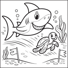 Naklejka premium Cute shark in sea underwater scenery black line art vector illustration coloring page design for kids