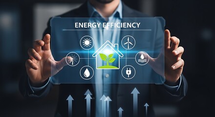 Businessman using a futuristic transparent screen for smart home energy efficiency and sustainability management.