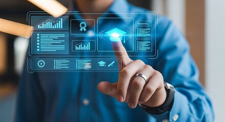 Businessman Interacting with a Futuristic Holographic Data Interface.