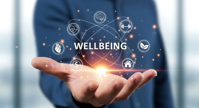 Businessman holding a glowing digital interface with wellbeing icons for a holistic lifestyle.