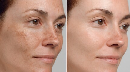 Obraz premium macro split view of cheek with large pores before vs refined smooth pores after,