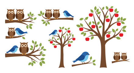 A cute collection of cartoon owls and blue birds perched on tree branches and in apple trees isolated on a white background.