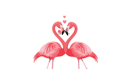 Two romantic pink flamingos in love forming a heart shape with their necks as a symbol of affection for Valentine's Day.