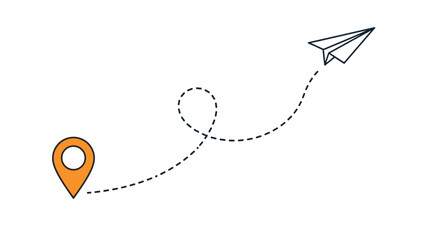 A concept of travel and destination shown with a paper airplane flying on a dotted path from a bright orange map location pin.