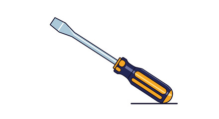 A simple and clear cartoon vector illustration of a common flathead screwdriver with a yellow and blue handle for repair work.