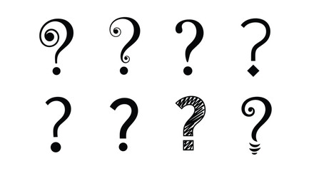 An assorted collection of eight black question mark icons in various typographic styles including a hand-drawn sketchy version.