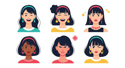 A collection of a young woman's portrait showing six different facial expressions including happy angry winking and sad.