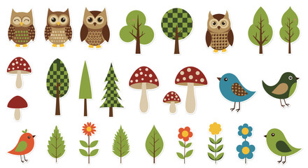 A delightful collection of cute woodland and forest themed sticker illustrations with owls birds mushrooms trees and flowers.