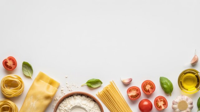 Fresh Italian cooking ingredients including pasta tomatoes basil and olive oil on white background - Powered by Adobe
