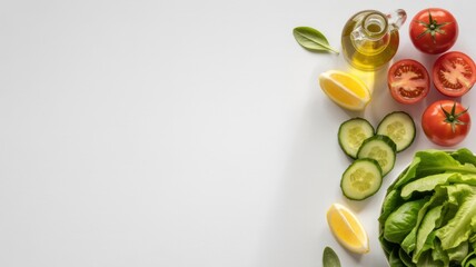Fresh salad ingredients with crisp lettuce, ripe tomatoes and olive oil on white background