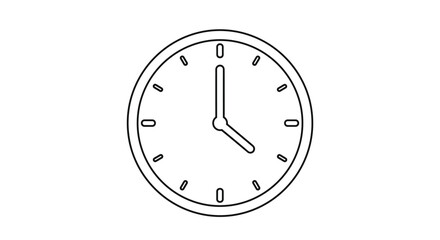 A minimalist black and white line art icon of a simple round wall clock showing the time as exactly four o'clock.