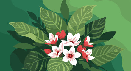 A vibrant and lush bouquet of beautiful white and red tropical flowers surrounded by large green leaves in a painterly style.