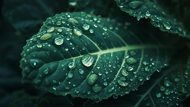 Water droplets on a kale leaf