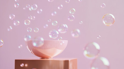 Pink bowl and flying bubble Abstract background texture.