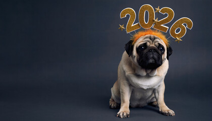 Cute and Festive Pug Dog Wearing 2026 New Year Headband Sitting