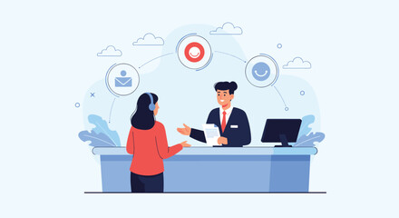 Friendly customer service agent in headphones assisting a smiling male client at a reception desk, symbolizing positive communication and satisfaction.